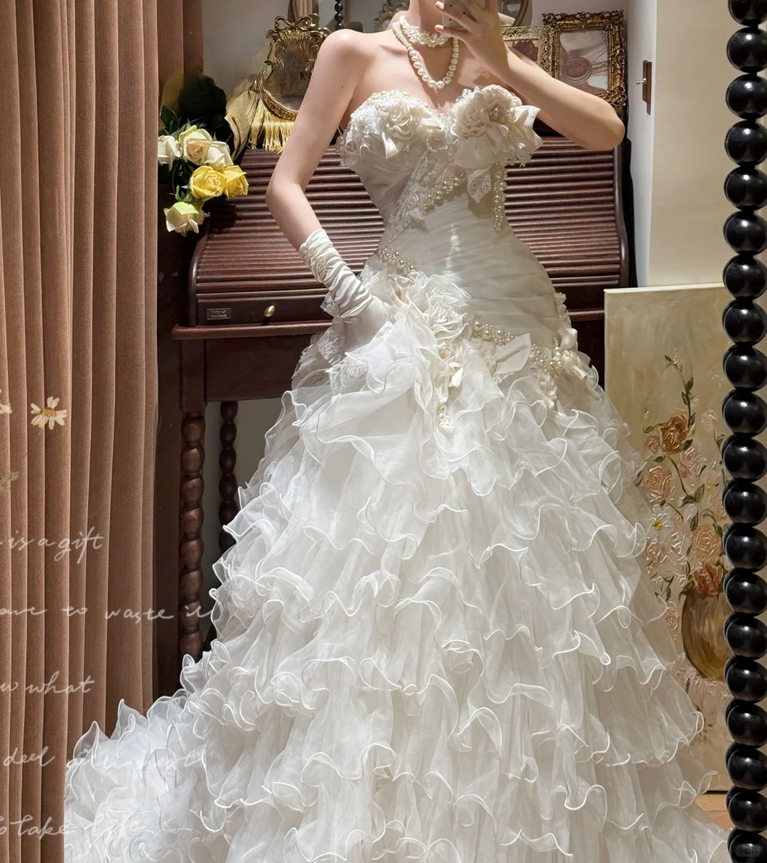 Vintage-Inspired Strapless 3D Floral Ruffled Tulle Dramatic Train Wedding Dress TP5330