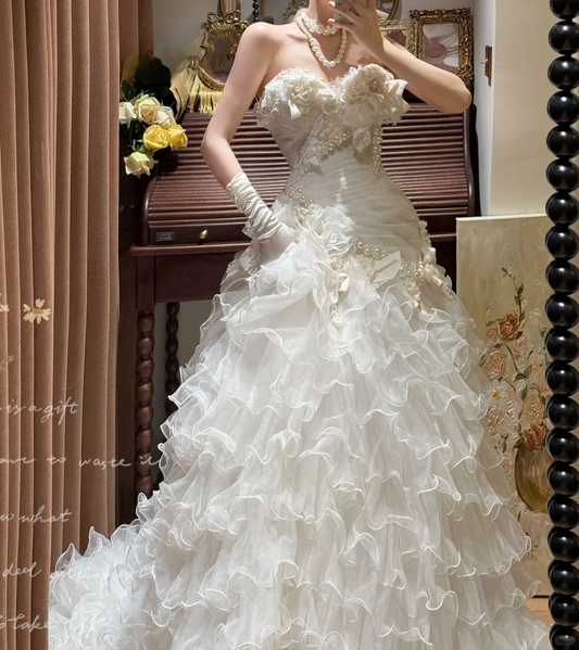 Vintage-Inspired Strapless 3D Floral Ruffled Tulle Dramatic Train Wedding Dress TP5330