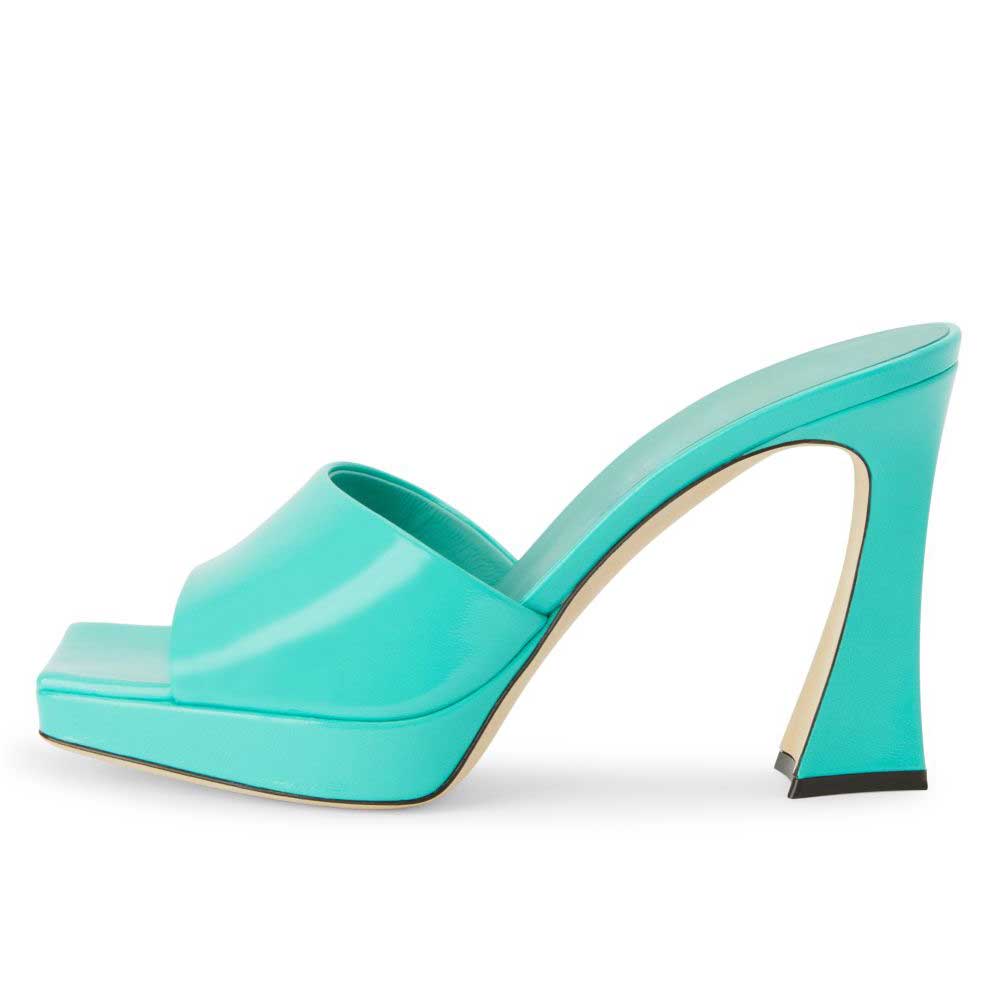 Fashion Turquoise Square Toe Flared Heel Platform Mules for Women