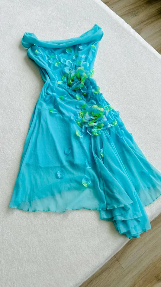 Blue Delicate Floral Off-the-shoulder Short Homecoming Dress Chiffon Party Dress Birthday Dress gh4771