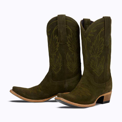 Elegant Embroidered Chunky Heel Mid-Calf Cowgirl Boots in Oliver