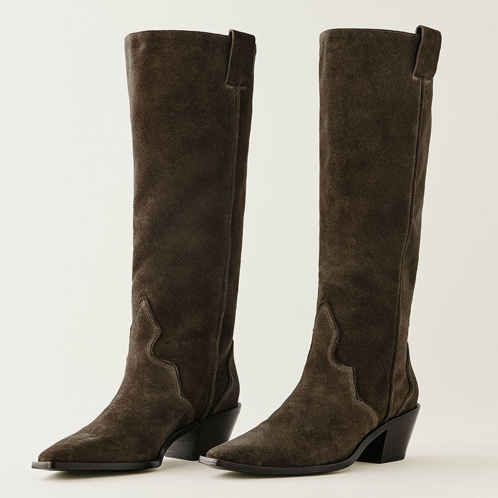 Olive Vegan Suede Snip Toe Chunky Heel Pull-On Knee Cowgirl Boots