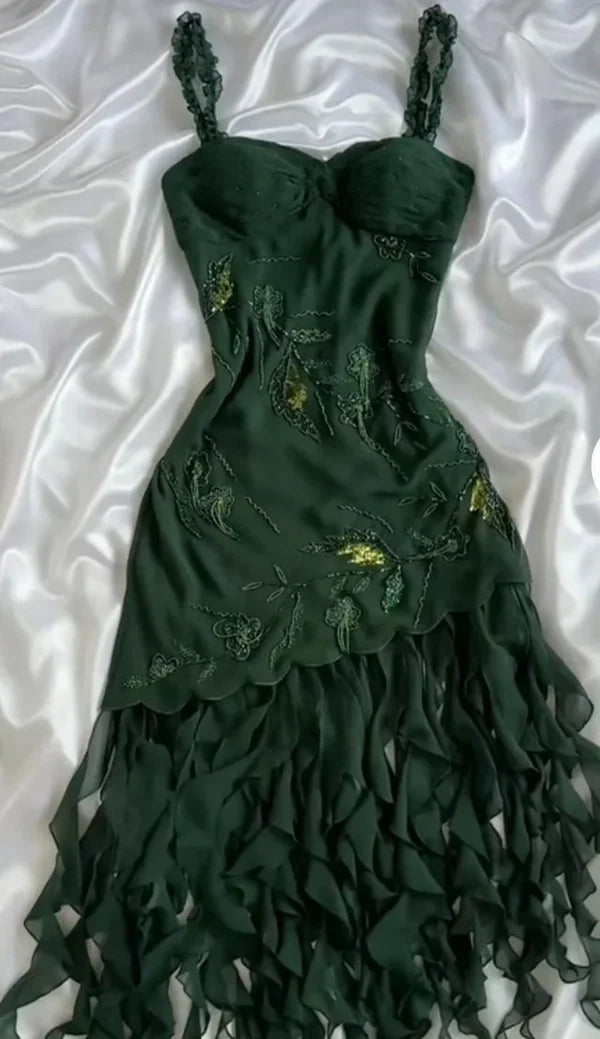 amakanas-Dark green chiffon short/long ruffled homecoming dress prom dress formal evening dress gh5137