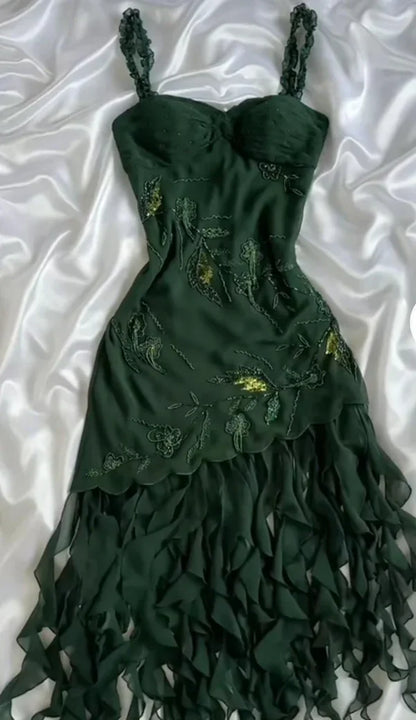 amakanas-Dark green chiffon short/long ruffled homecoming dress prom dress formal evening dress gh5137