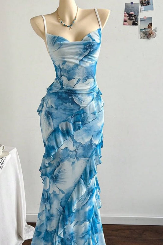 amakanas-Blue Floral Strapless Party Dress gh6103