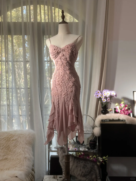 Retro Pink Sparkling Beaded Spaghetti Strap Romantic Chiffon Evening Dress Prom Dresses TP3985