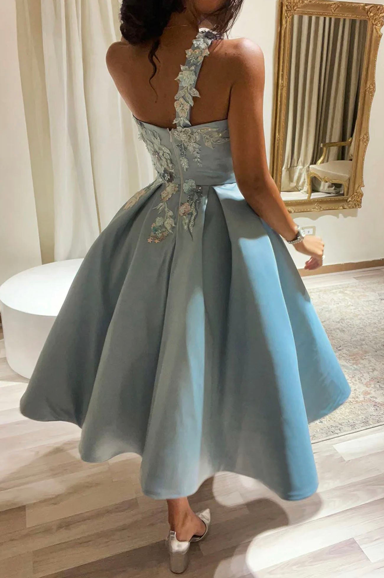 Cute One Shoulder Satin Lace Short Prom Dress,A-Line Party Dresses