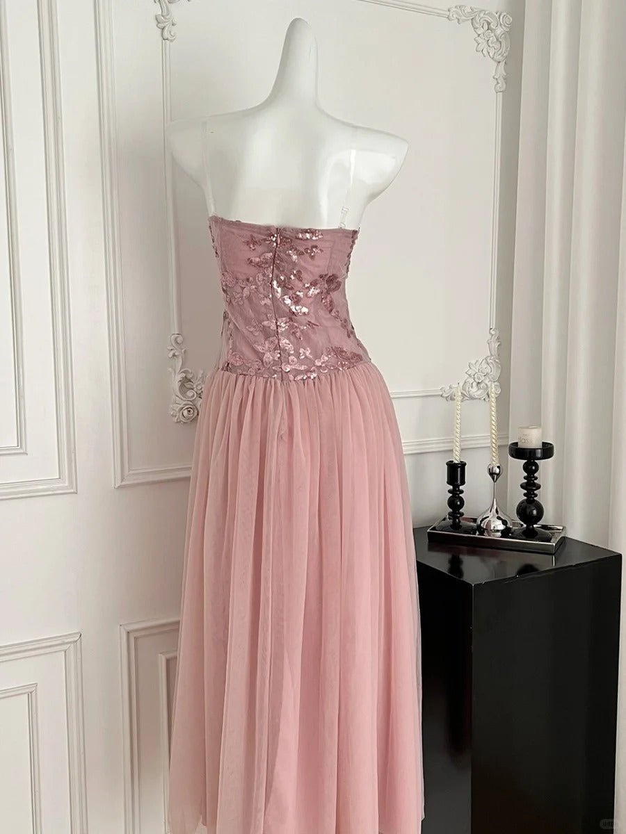 Elegant Pink A-line Tube Top Sequined Tulle Long Prom Dress Evening Dress Bridesmaid Dress P4010