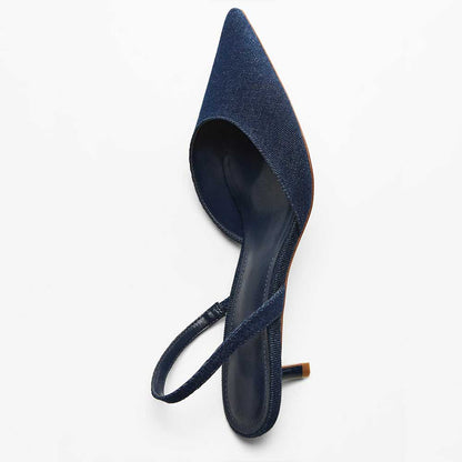 Dark Blue Denim Pointed Toe Kitten Heel Slingback Pumps for Women