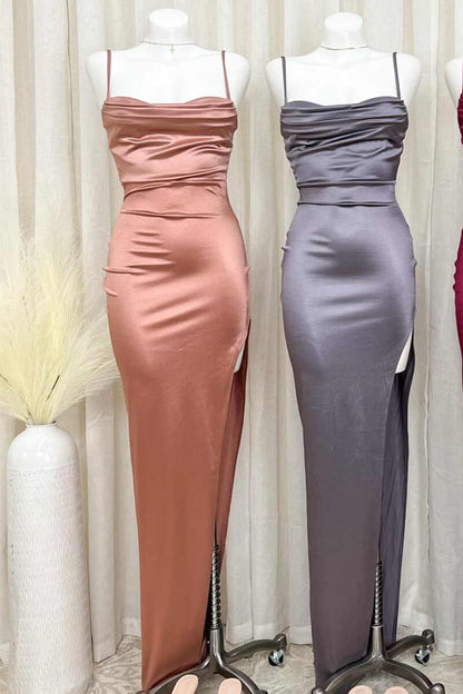 Royal Blue Satin Cowl Neck Long Formal Dress with Slit