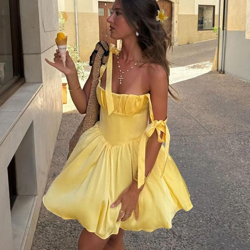 amakanas-Yellow Fashion Sweet Short Satin Homecoming Dress Birthday Dress gh5270