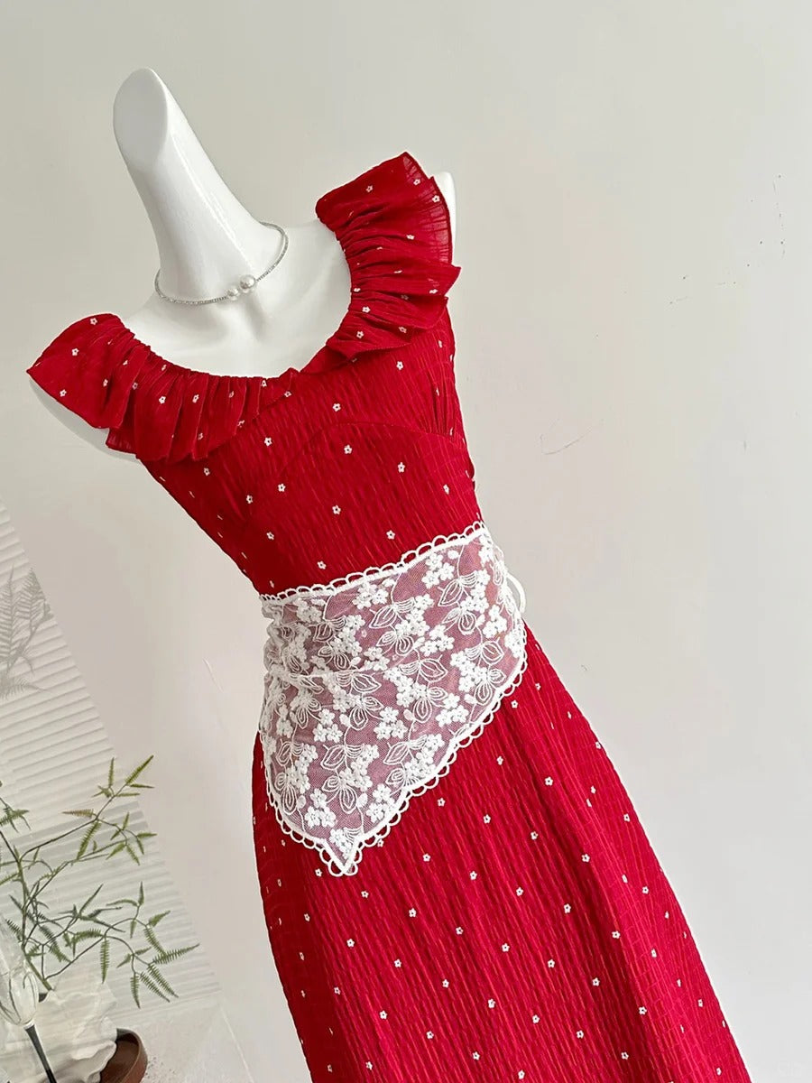 Sweet Red And White Polka Dot A-line Ruffle Waist Long Prom Dress 17th Birthday Dress P4011