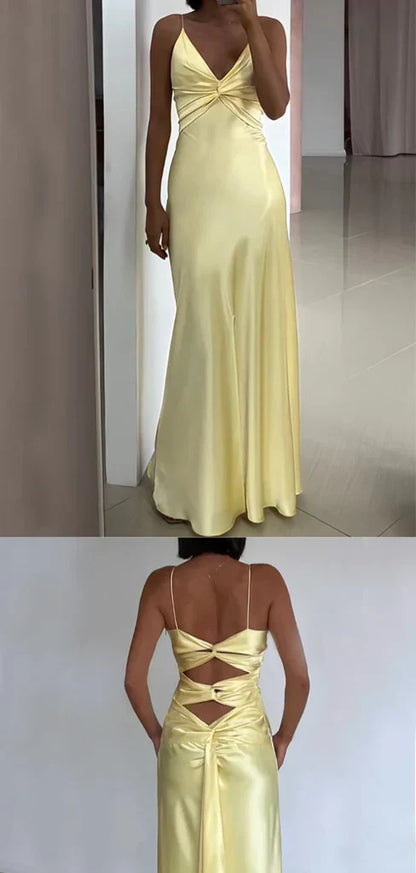 Vintage Yellow V-neck Mermaid Satin Spaghetti Strap Party Dress Evening Gown Bridesmaid Dress TP4297