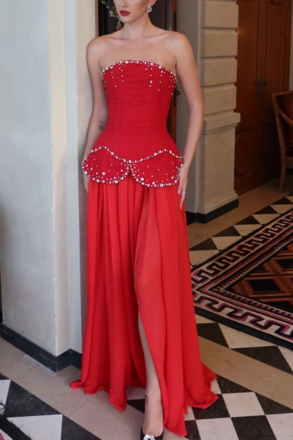 amakanas-Red beaded long dress gh6146