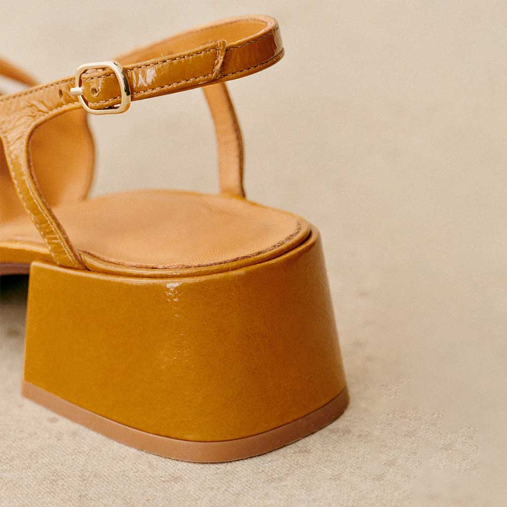 Mustard Square Toe Block Heel Vintage Slingback Pumps