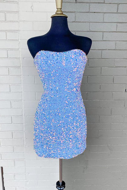 Sparkly Blue Strapless Sequins Short Fancy Dresses