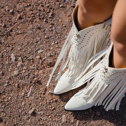 White Vegan Leather Pointed Toe Fringe Knee-High Heel Cowgirl Boots