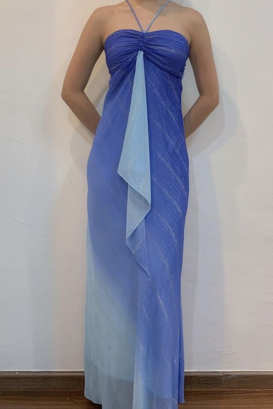 amakanas-Vintage Blue-White Gradient Halter Neck Flounce Long Evening Gown gh6024