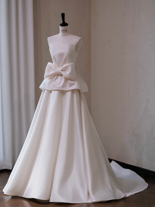 Gorgeous White Satin A-Line Bow Strapless Long Wedding Dress TP5042