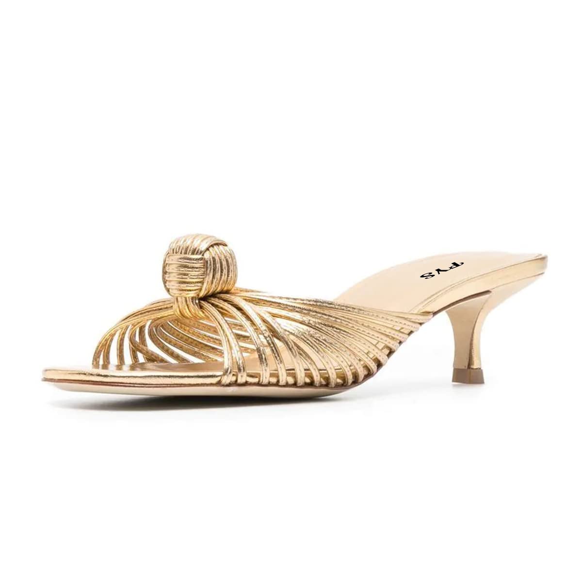 Gold Metallic Open-Toe Strap Knotted Kitten Heel Mules Shoes