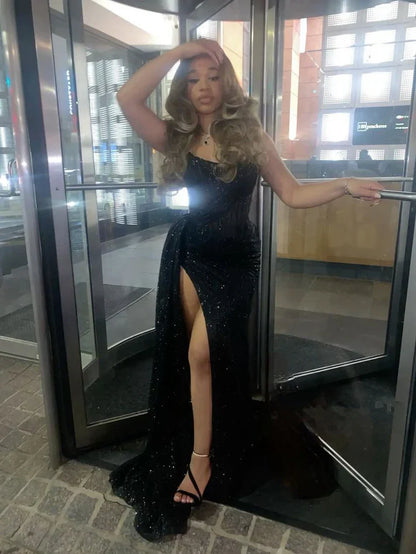 Sparkly Black Long Prom Dress with Slit Sequin Evening Dresses