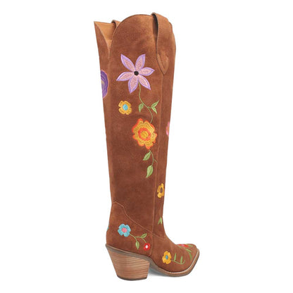 Brown Snip Toe Flower Embroidered Over the Knee Cowgirl Boots