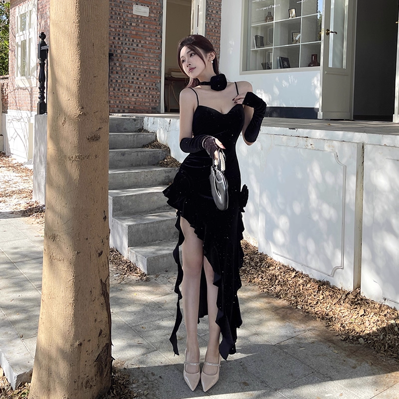 Vintage Glittering Sequin Sweetheart Spaghetti Strap Ruffled High Slit Prom Dress Evening Dress TP4350