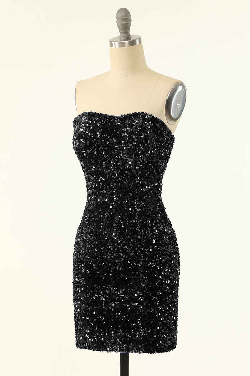 Royal Blue Sequin Strapless Black Mini Homecoming Dress