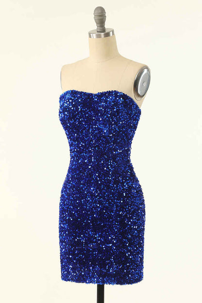 Royal Blue Sequin Strapless Black Mini Homecoming Dress
