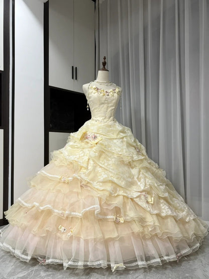 Yellow floral beaded long tulle ball gown 16th birthday dress Quinceanera Dress gh4737