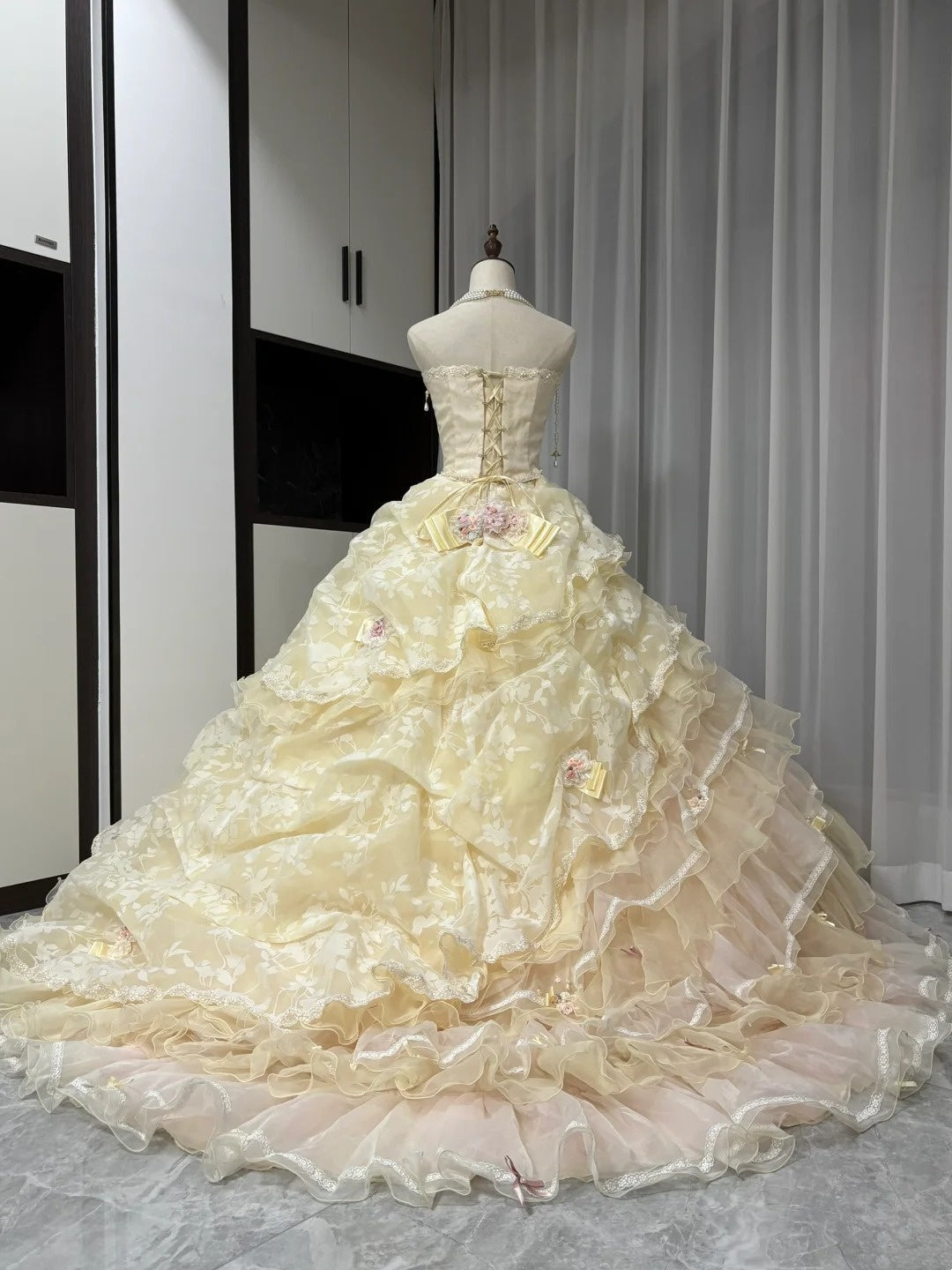 Yellow floral beaded long tulle ball gown 16th birthday dress Quinceanera Dress gh4737