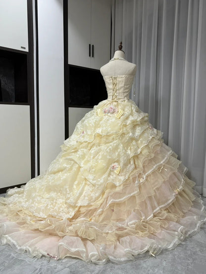 Yellow floral beaded long tulle ball gown 16th birthday dress Quinceanera Dress gh4737