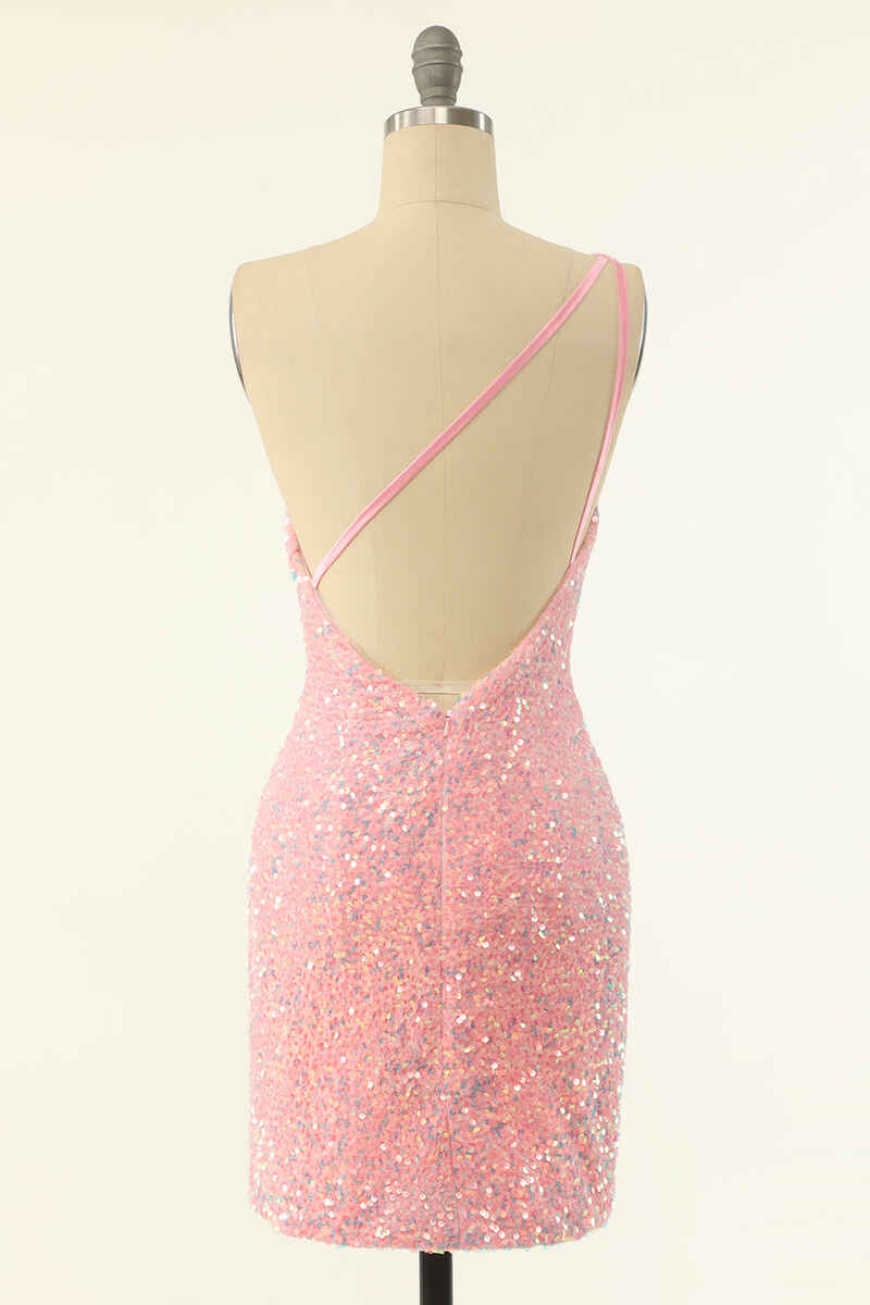 Pink Sequin One-Shoulder Backless Formal Mini Dresses