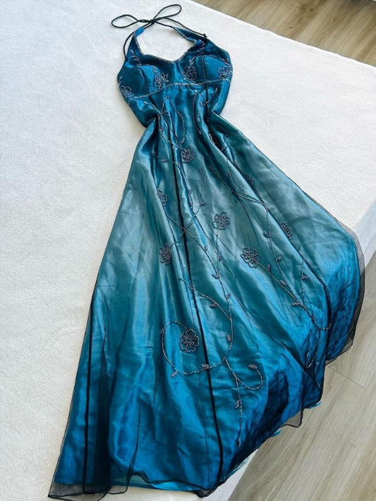 amakanas-Blue Beaded Gradient Long Satin Formal Evening Gown. gh6110