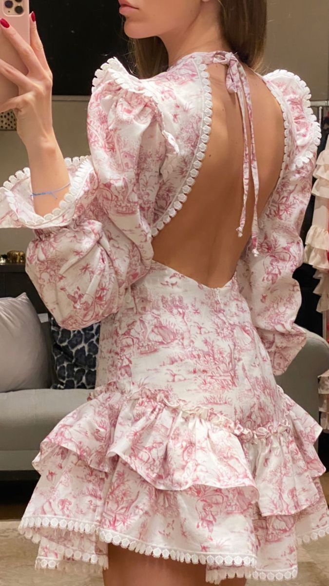 amakanas-Pink floral long sleeves fashion sweet short chiffon backless homecoming dress birthday dress gh5272