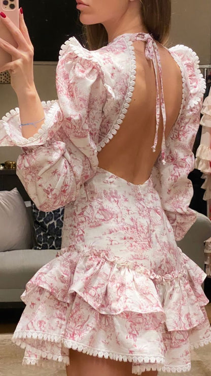 amakanas-Pink floral long sleeves fashion sweet short chiffon backless homecoming dress birthday dress gh5272