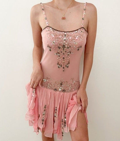 amakanas-Pink Beaded Sparkling Short Chiffon Homecoming Dress Birthday Party Dressgh5134