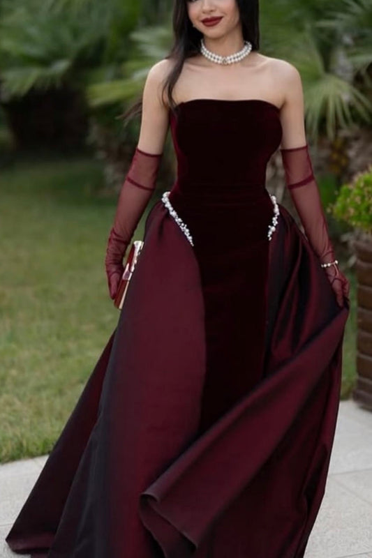 amakanas- Burgundy velvet satin vintage elegant long gown gh6196