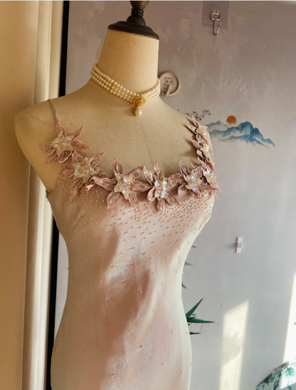 Sweet Pink Mermaid Halter 3D Floral Satin Prom Dress Evening Dress Bridesmaid Dress P4174