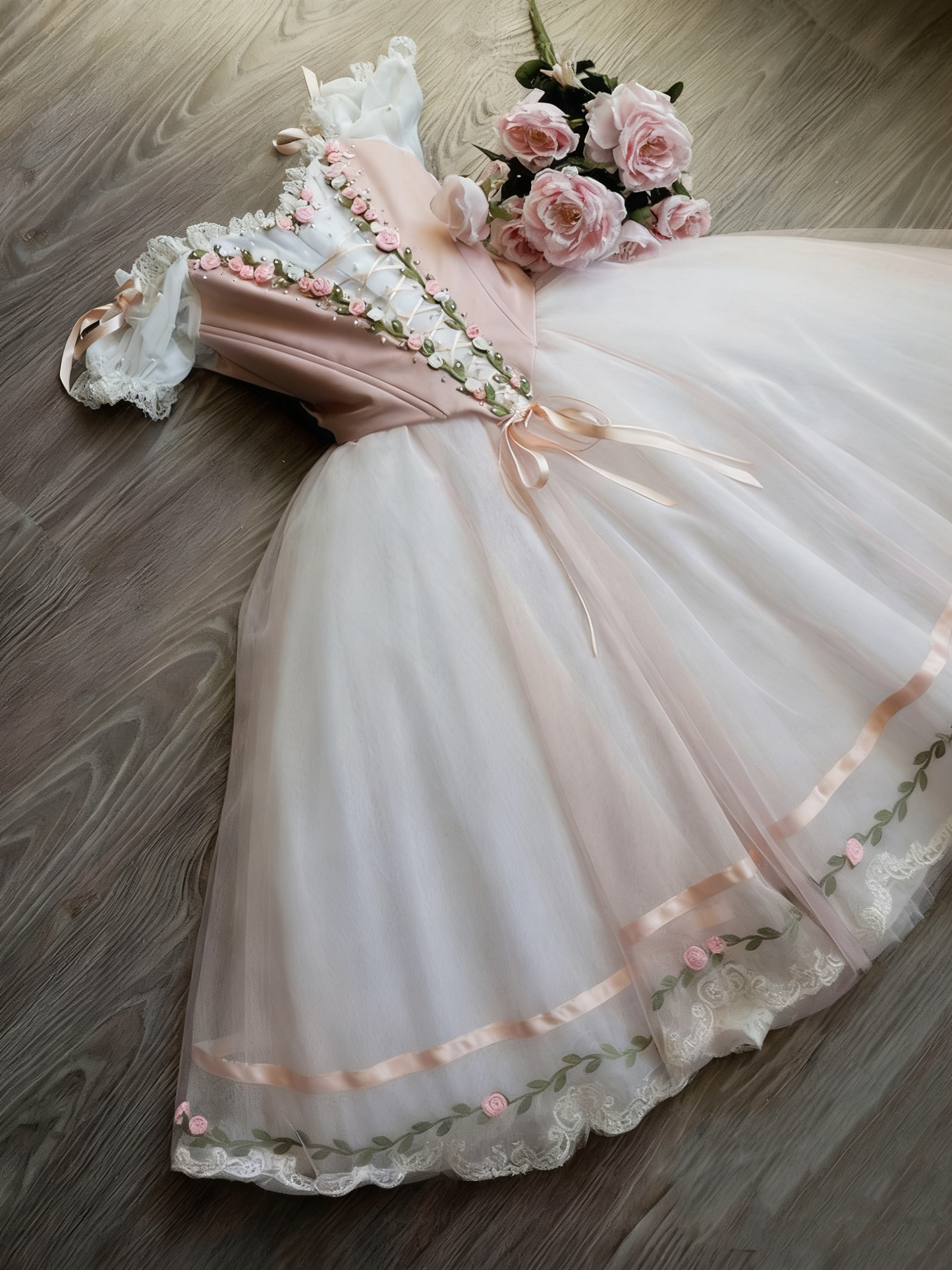 amakanas-Vintage Pink 3D Floral Lace-Up Lace Tiered Tulle Court Style Dress gh6012