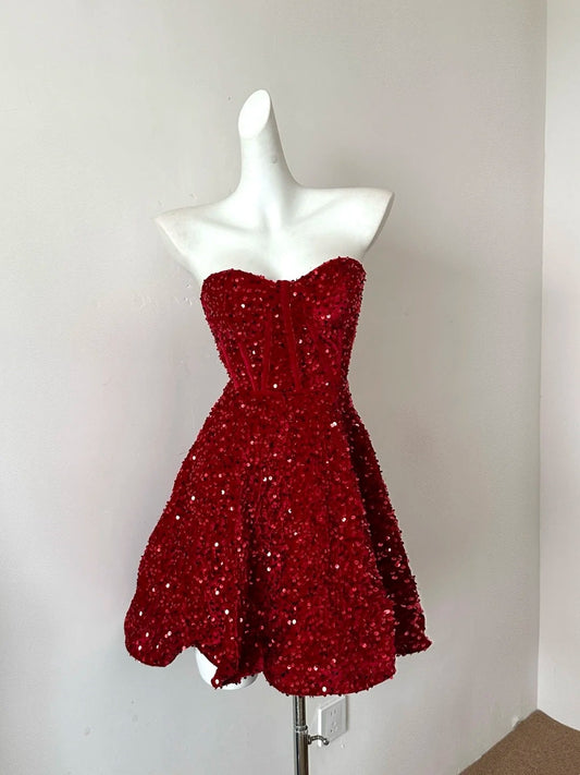 Red Shiny Fashion Short Mini Sequin Homecoming Dress Birthday Party Dress gh3797