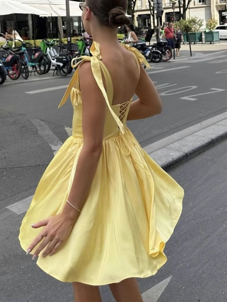 amakanas-Yellow Fashion Sweet Short Satin Homecoming Dress Birthday Dress gh5270