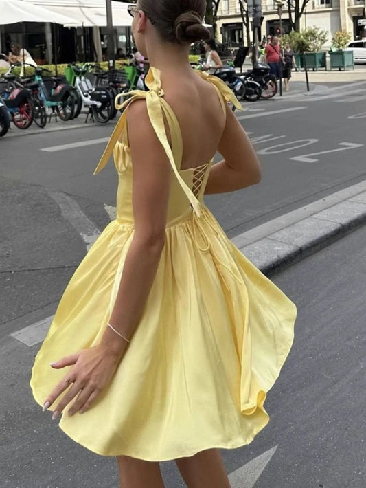 amakanas-Yellow Fashion Sweet Short Satin Homecoming Dress Birthday Dress gh5270