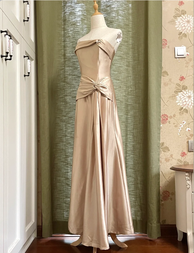 Elegant Champagne A-line Strapless Twisted Satin Long Prom Dress Evening Dress Bridesmaid Dress P4192
