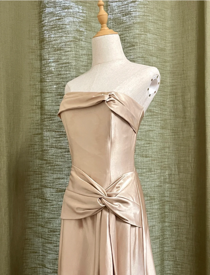 Elegant Champagne A-line Strapless Twisted Satin Long Prom Dress Evening Dress Bridesmaid Dress P4192