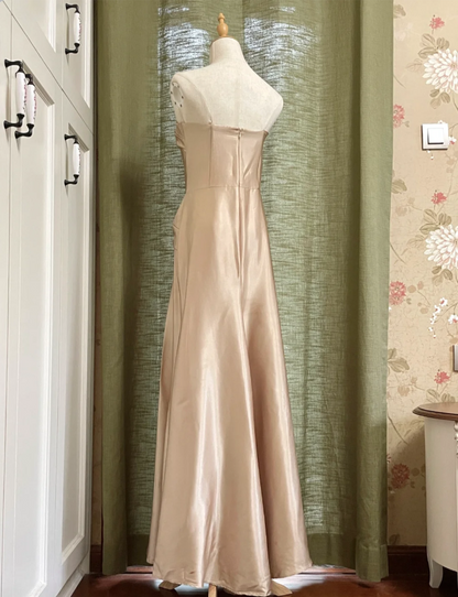 Elegant Champagne A-line Strapless Twisted Satin Long Prom Dress Evening Dress Bridesmaid Dress P4192
