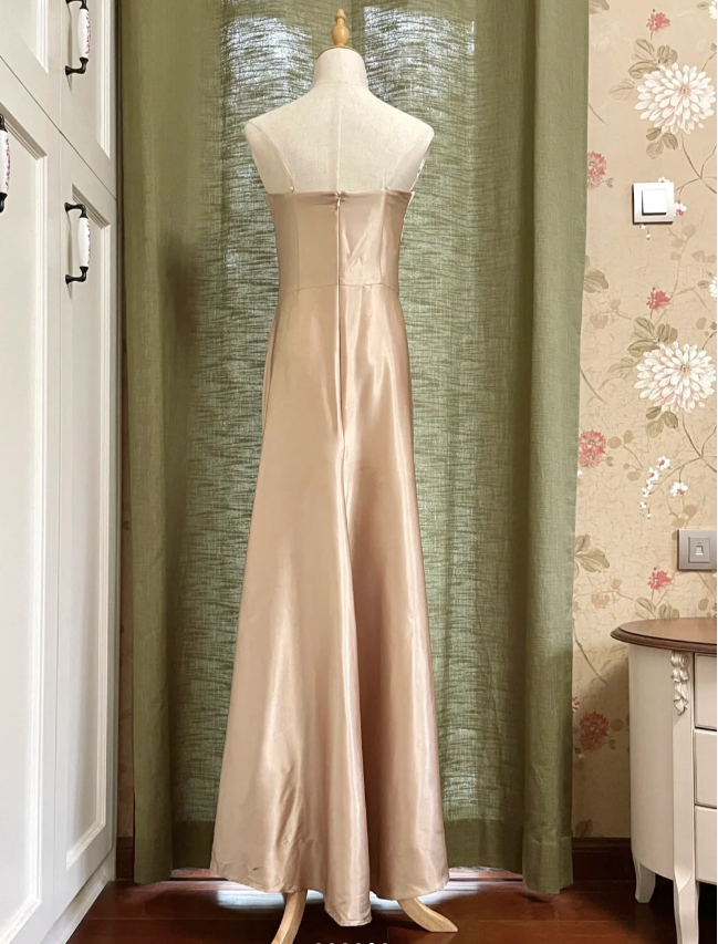 Elegant Champagne A-line Strapless Twisted Satin Long Prom Dress Evening Dress Bridesmaid Dress P4192