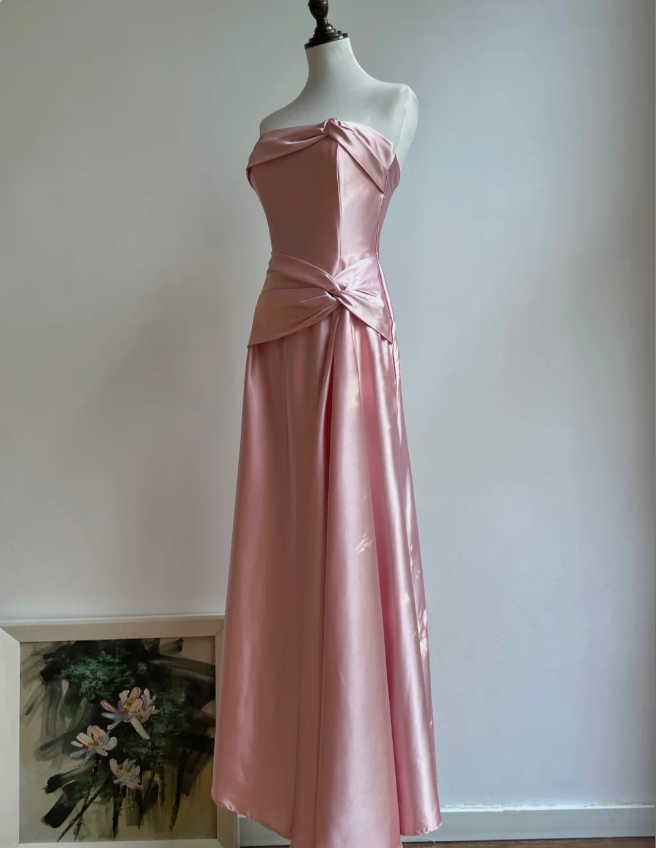 Elegant Champagne A-line Strapless Twisted Satin Long Prom Dress Evening Dress Bridesmaid Dress P4192