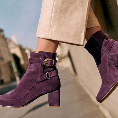 Purple Square Toe Chunky Heel Elegant Buckled Strappy Ankle Boots