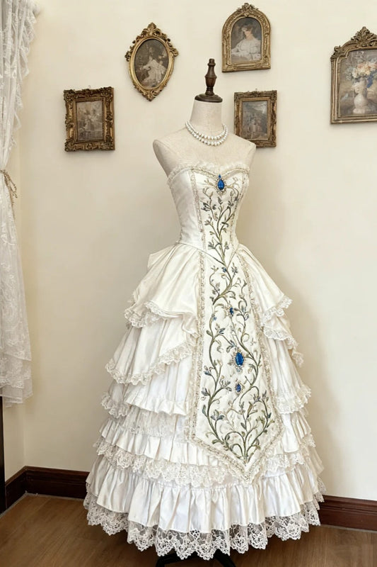 amakanas-Ivory White Elegant Fairytale Long Satin Lace Retro Classic Dream Palace Lolita Dress Floral Ball Gown gh5939